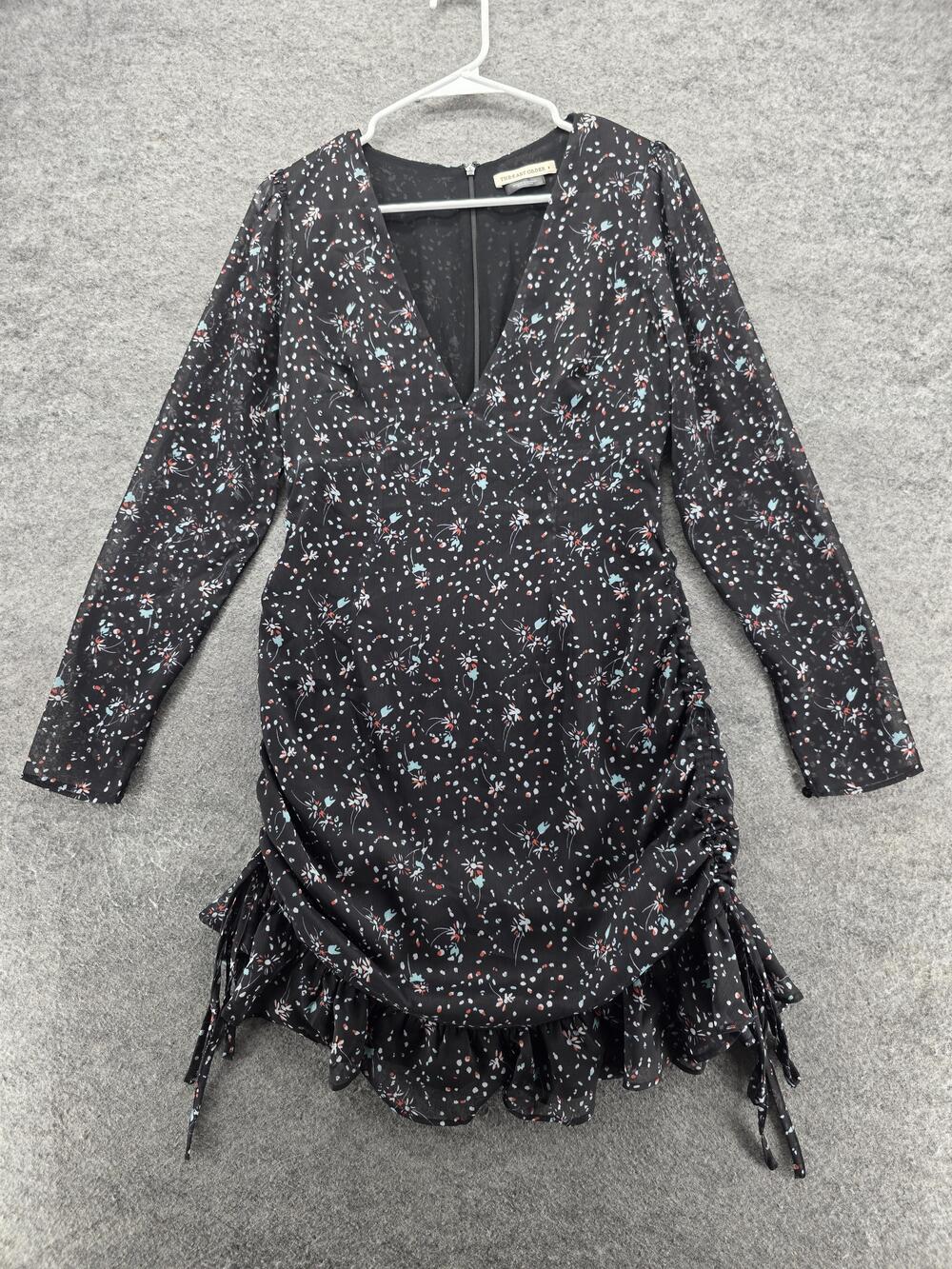 The East Order Dress Womens Small Black Floral Ruched Ruffle Long Sleeve V Neck